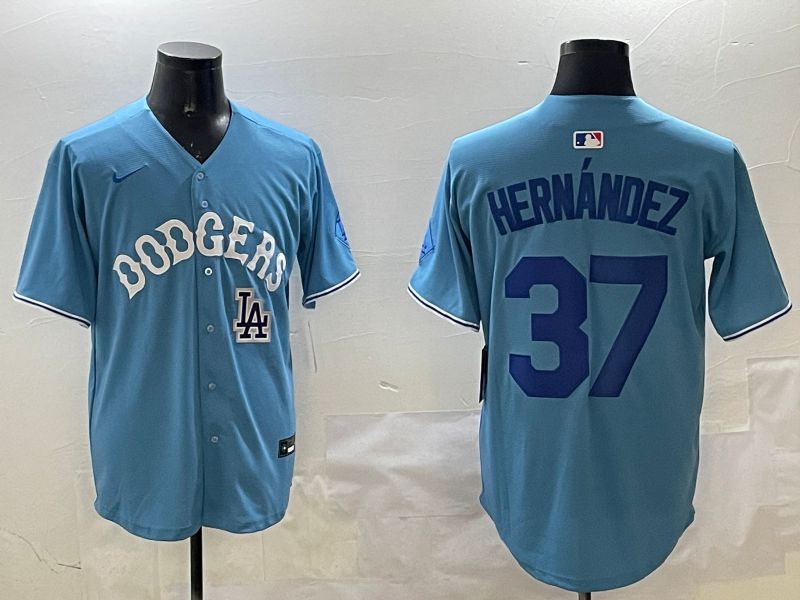 Men Los Angeles Dodgers #37 Hernandez Light Blue Joint Name 2025 Nike MLB Jersey style 12